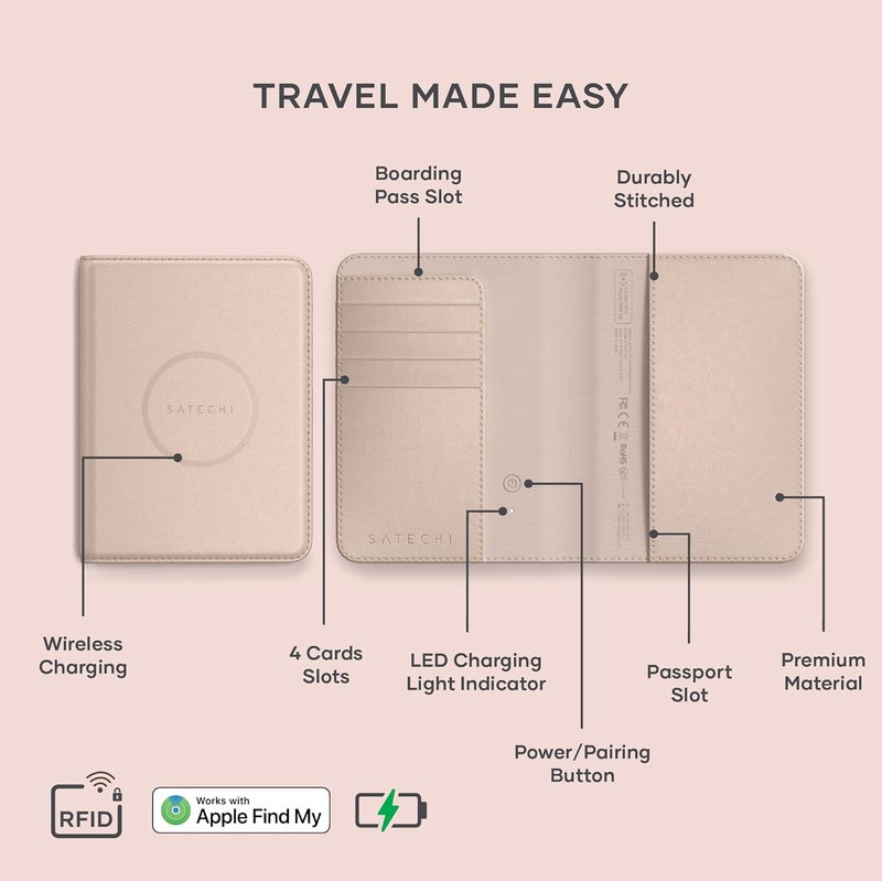 SATECHI Passport Holder for Travel with Find My, Passport Cover with 4 Card Holder, Wireless Charging, and RFID protection – Travel Essential Vegan Leather Passport – Desert Rose - Image 2